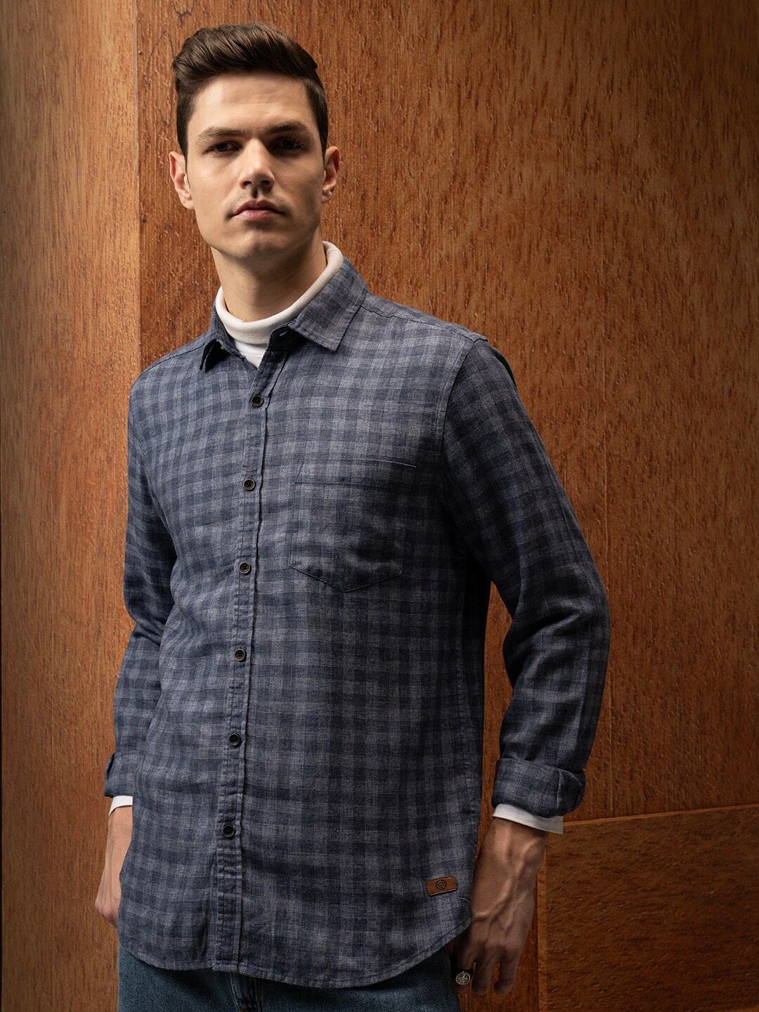 

LOCOMOTIVE Premium Relaxed Fit Linen Blend Textured Checked Shirt, Navy blue