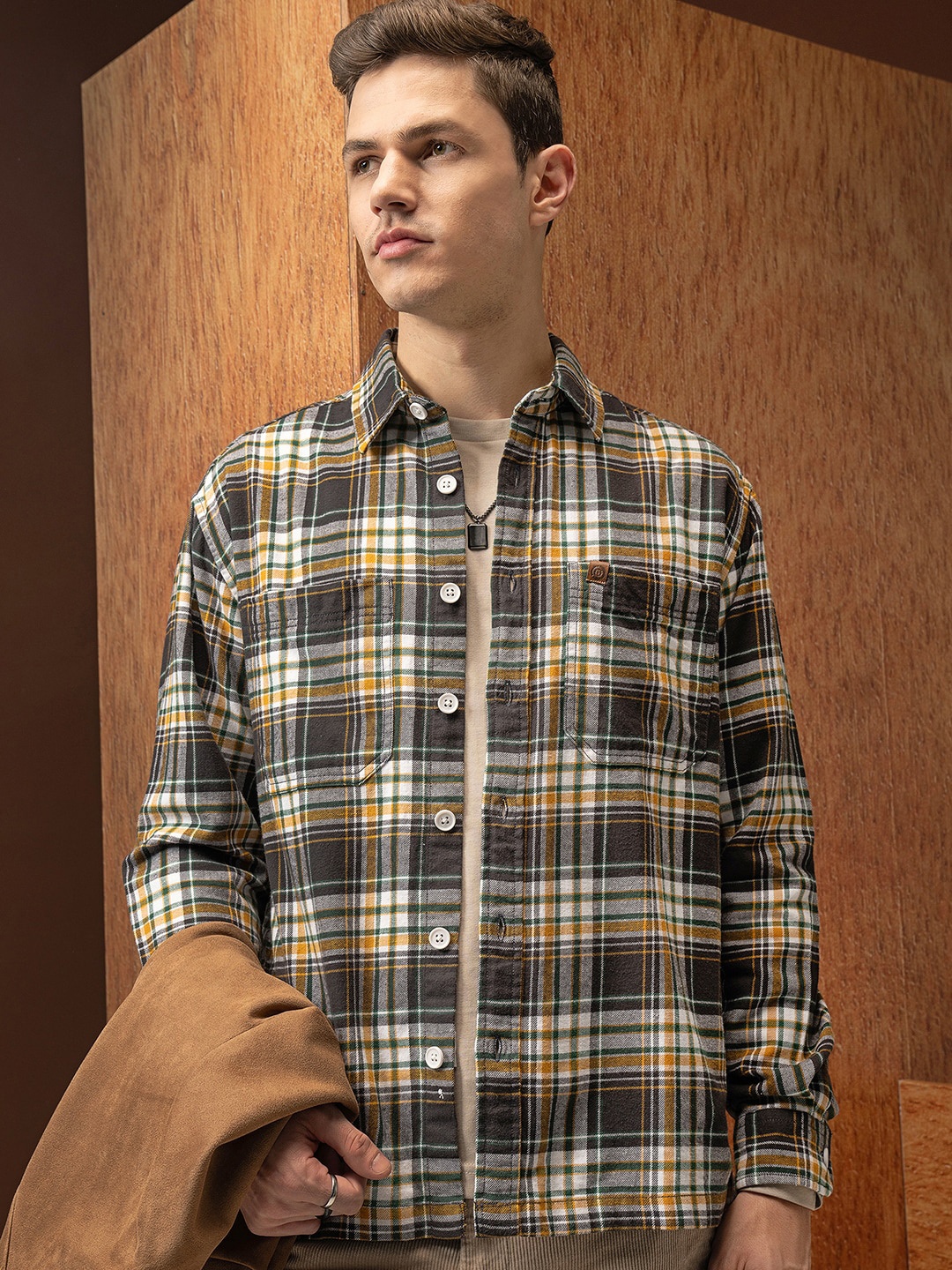

LOCOMOTIVE Premium Flannel Checked Utility Pocket Overshirt, Olive