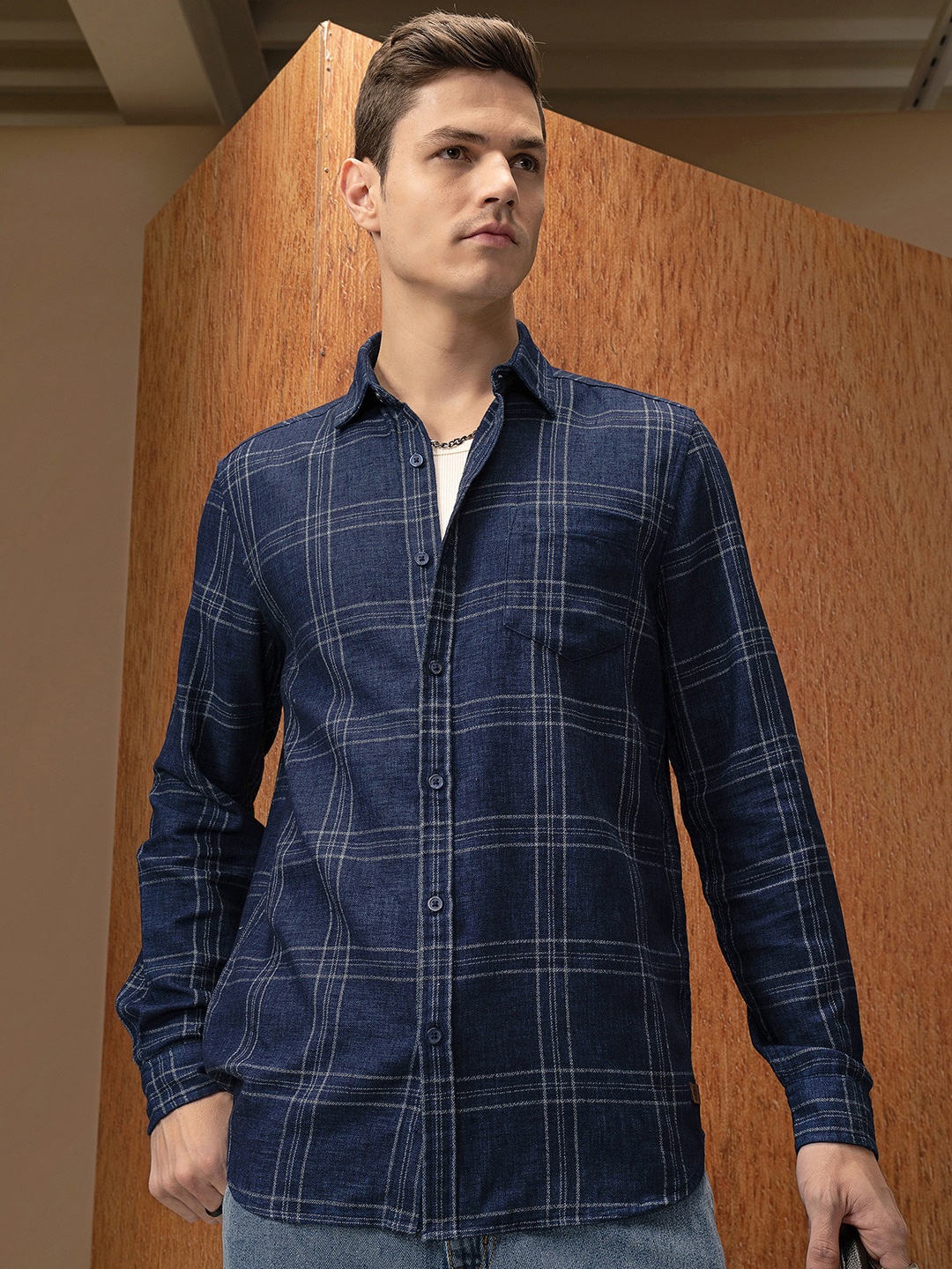 

LOCOMOTIVE Mock Lino Dobby Textured Checked Shirt, Blue