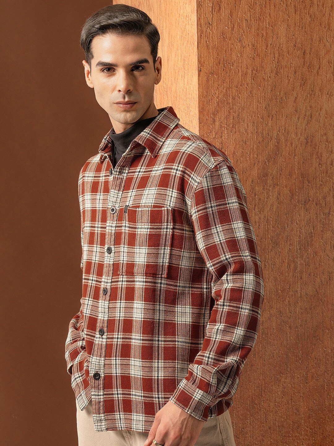 

Locomotive Premium Men Rust Oversized Dobby Textured Checked Overshirt