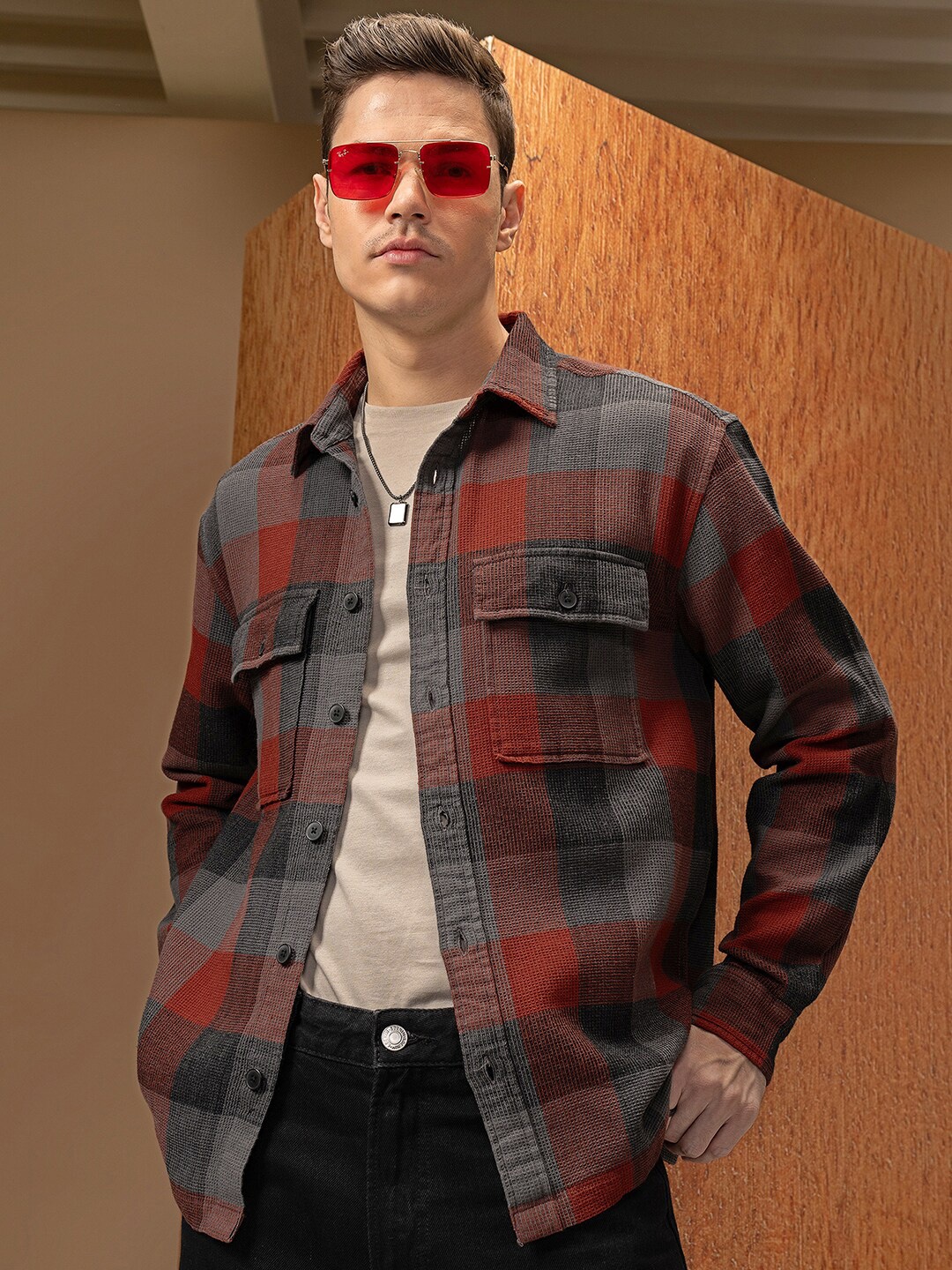 

LOCOMOTIVE Premium Waffle Dobby Textured Checked Utility Pocket Overshirt, Rust