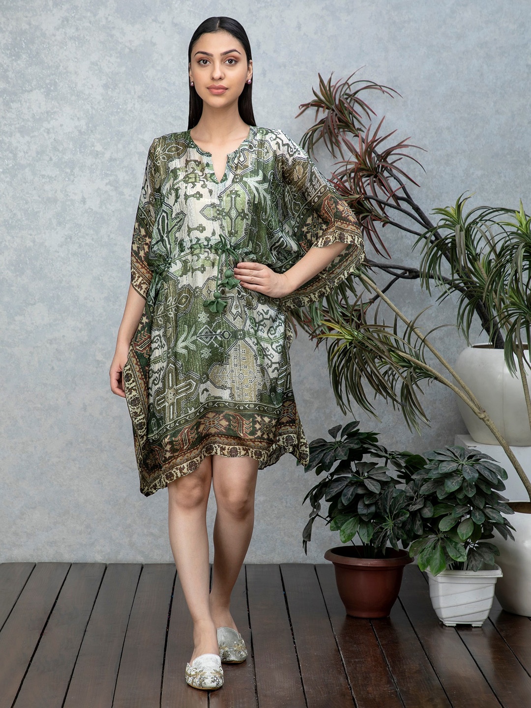 

Rhe-Ana Ethnic Motifs Printed Mandarin Collar Flared Sleeves Kaftan Dress, Olive