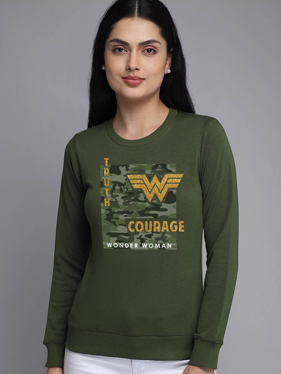 

Free Authority Wonder Woman Printed Round Neck Sweatshirts, Olive