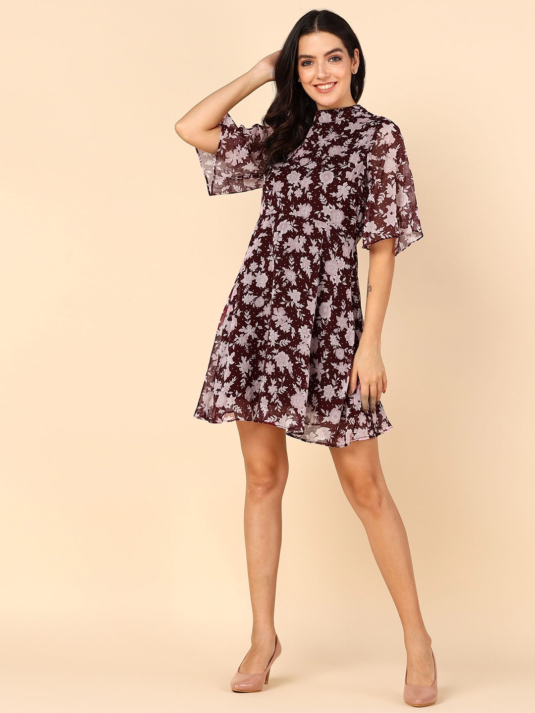 

Mast & Harbour Maroon & White Floral Print Flared Sleeve Fit & Flare Dress