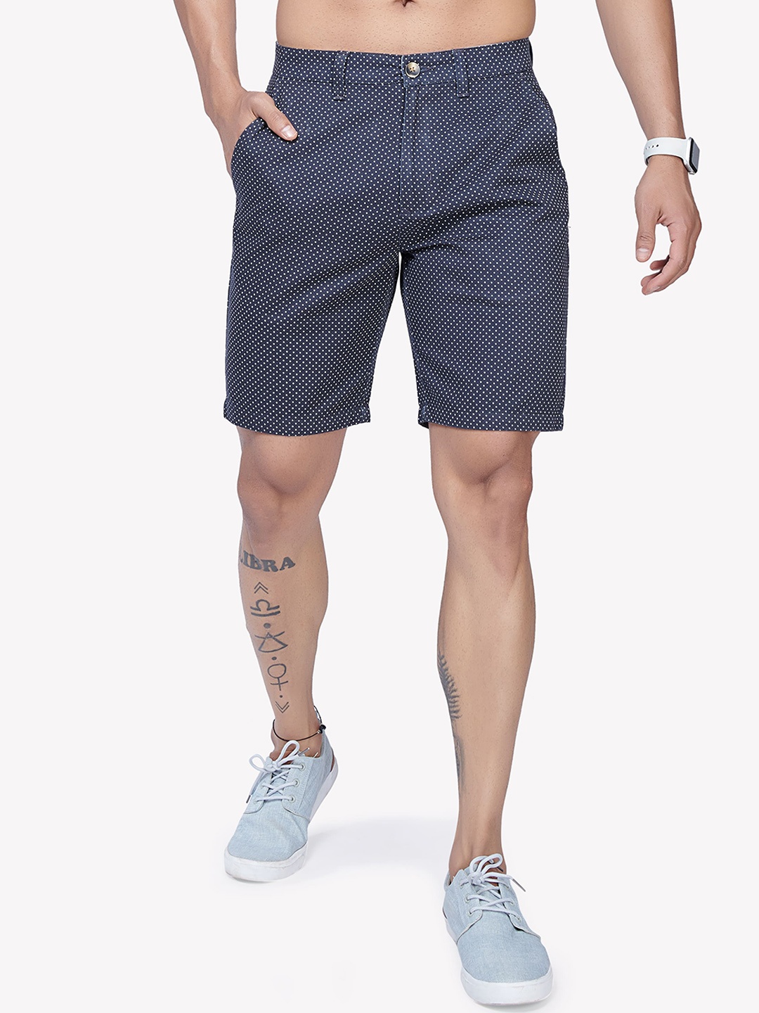 

VASTRADO Men Micro Ditsy Polka Dots Printed Regular Fit Mid-Rise Cotton Shorts, Navy blue