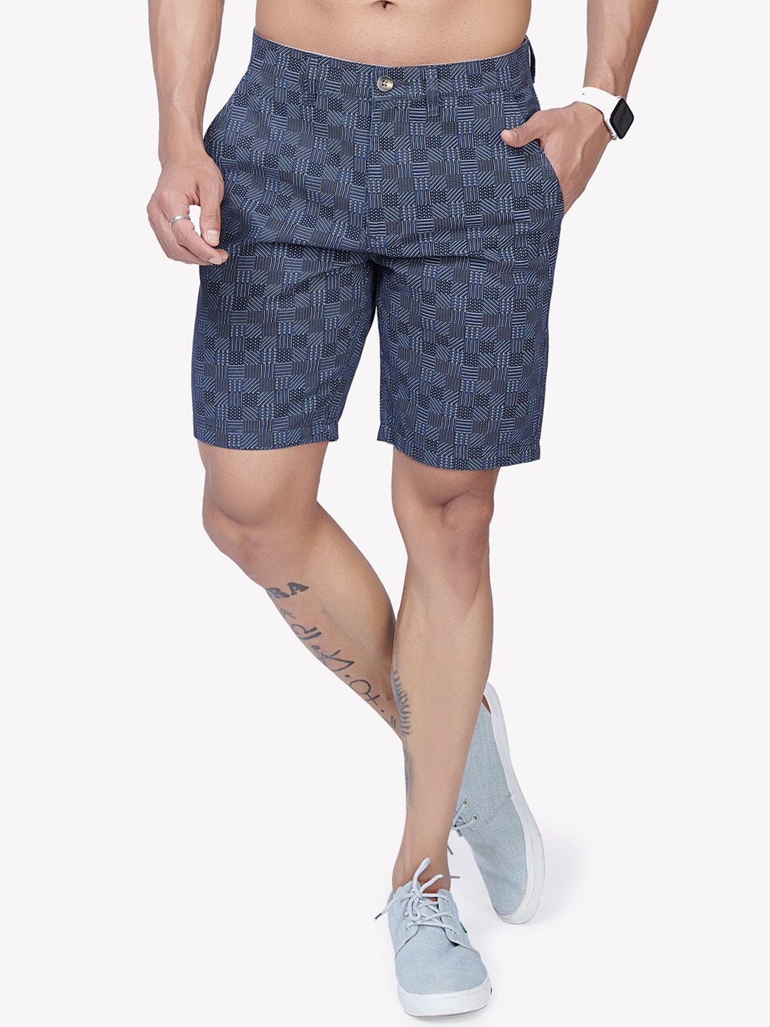 

VASTRADO Geometric Printed Cotton Chino Shorts, Navy blue