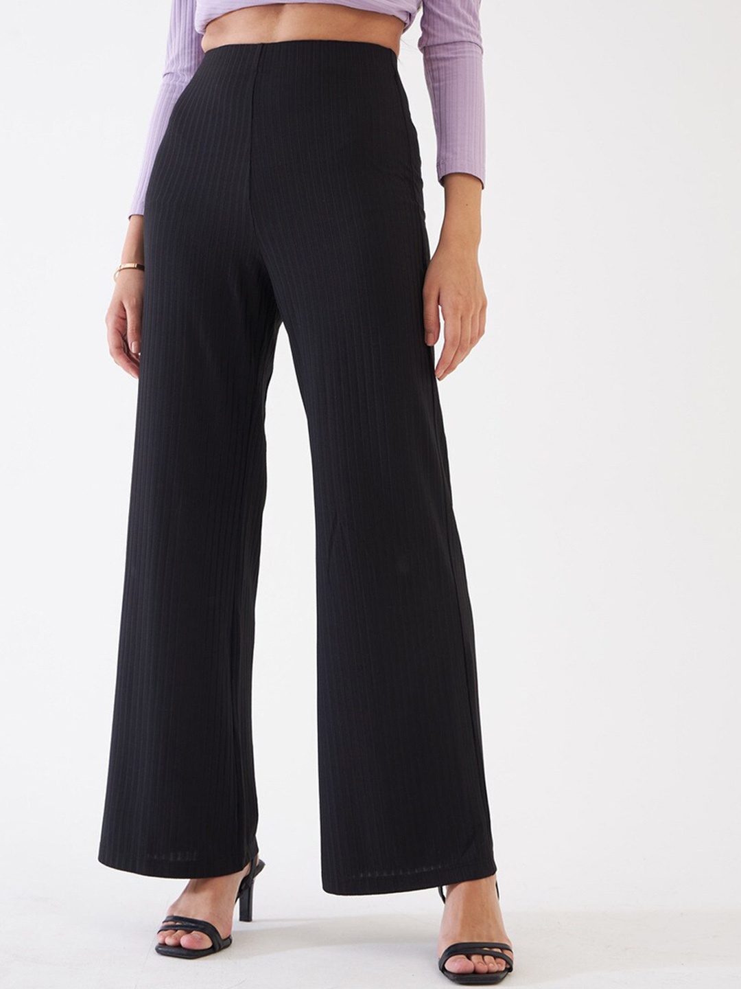 

SALT ATTIRE Women High-Rise Ribbed Parallel Trousers, Black