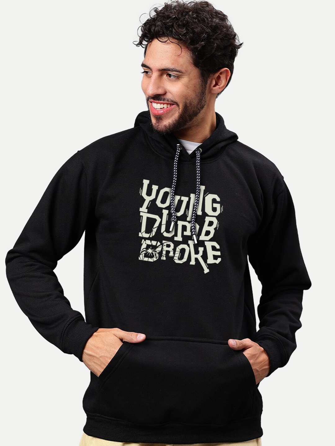 

Mad Over Print Typography Printed Hooded Fleece Pullover, Black