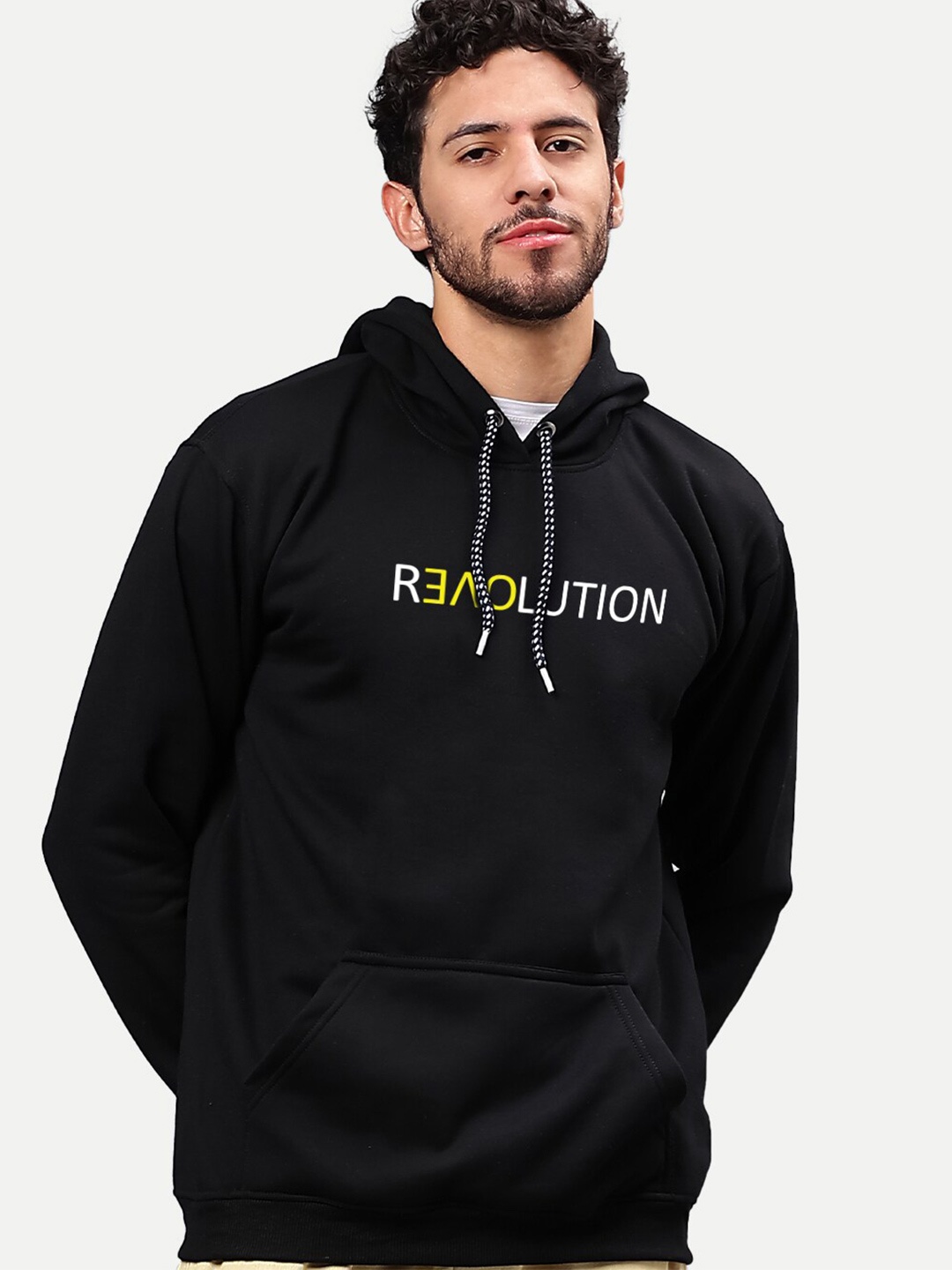 

Mad Over Print Typography Printed Hooded Fleece Pullover, Black