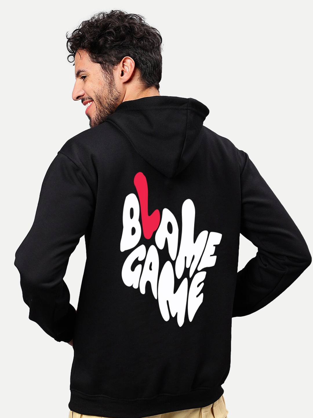 

Mad Over Print Typography Printed Hooded Fleece Pullover, Black