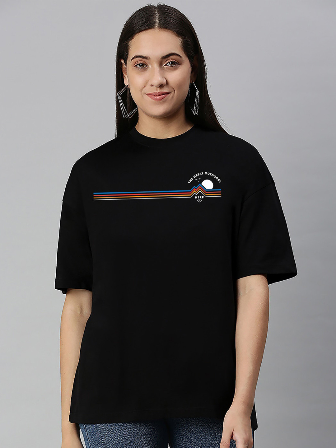 

Huetrap Striped Pure Cotton Oversized T-shirt, Black