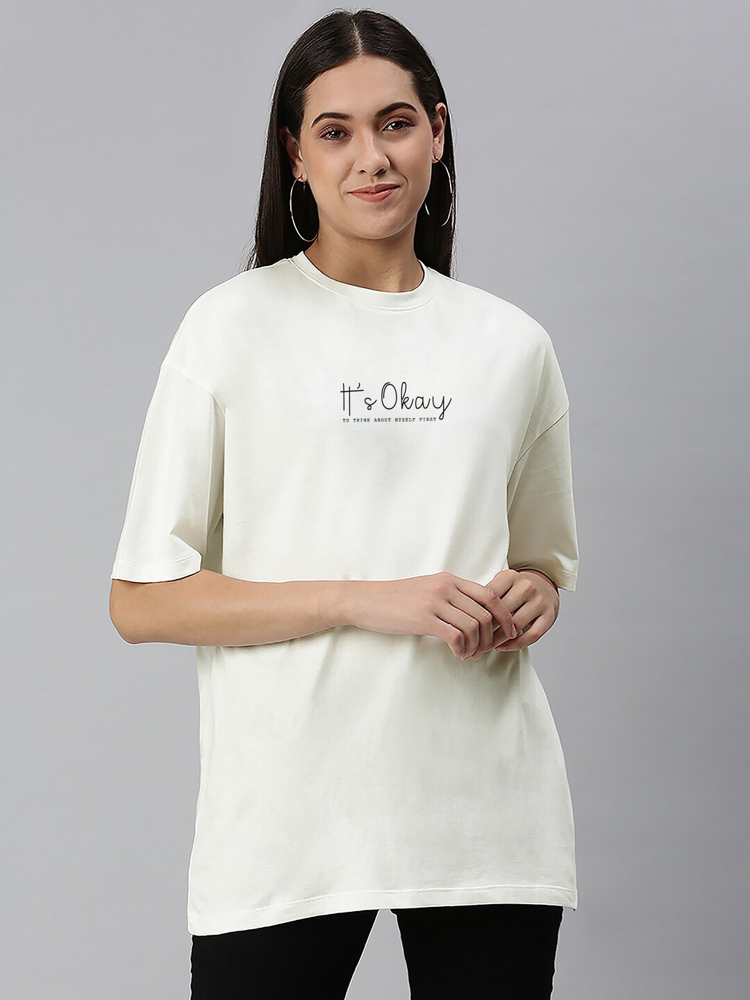 

Huetrap Typography Printed Drop-Shoulder Sleeves Oversized Cotton T-shirt, Off white
