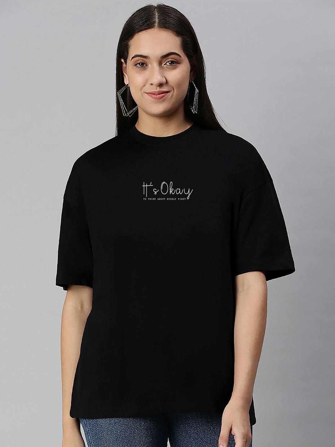 Huetrap Typography Printed Cotton Oversized T-Shirt, Black