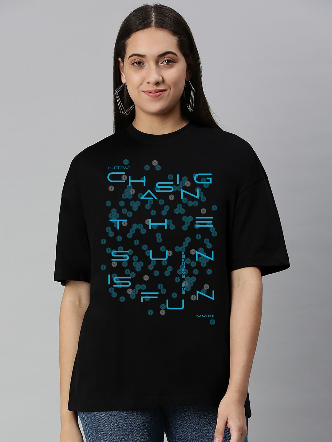 

Huetrap Typography Printed Drop-Shoulder Sleeves Oversized Cotton T-shirt, Black