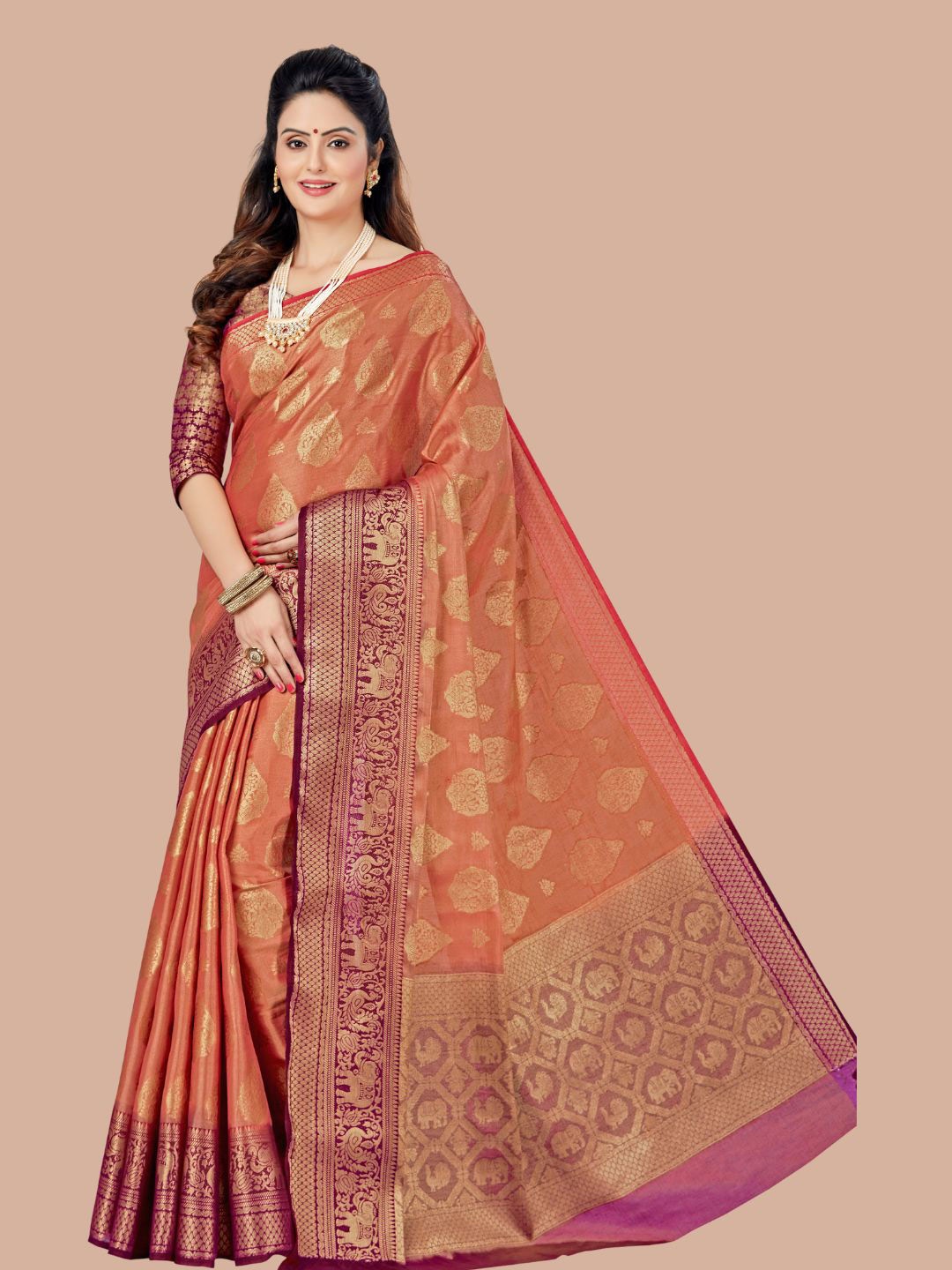 

MAGMINA Ethnic Motifs Woven Design Zari Kanjivaram Saree, Orange