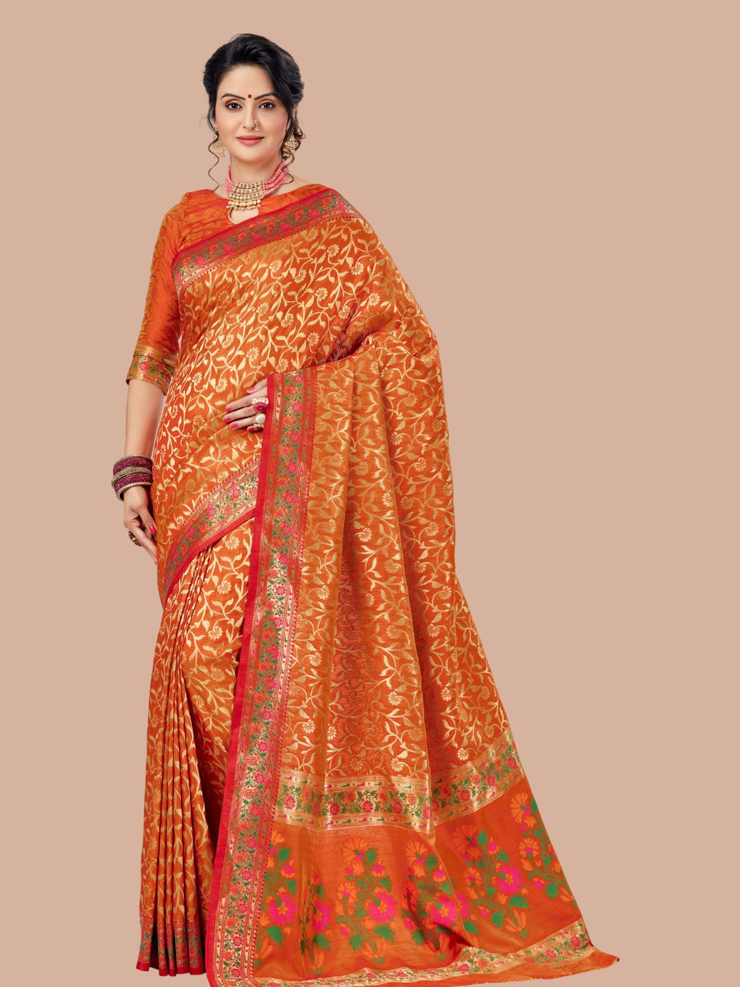 MAGMINA Floral Woven Deisgn Zari Banarasi Saree, Orange