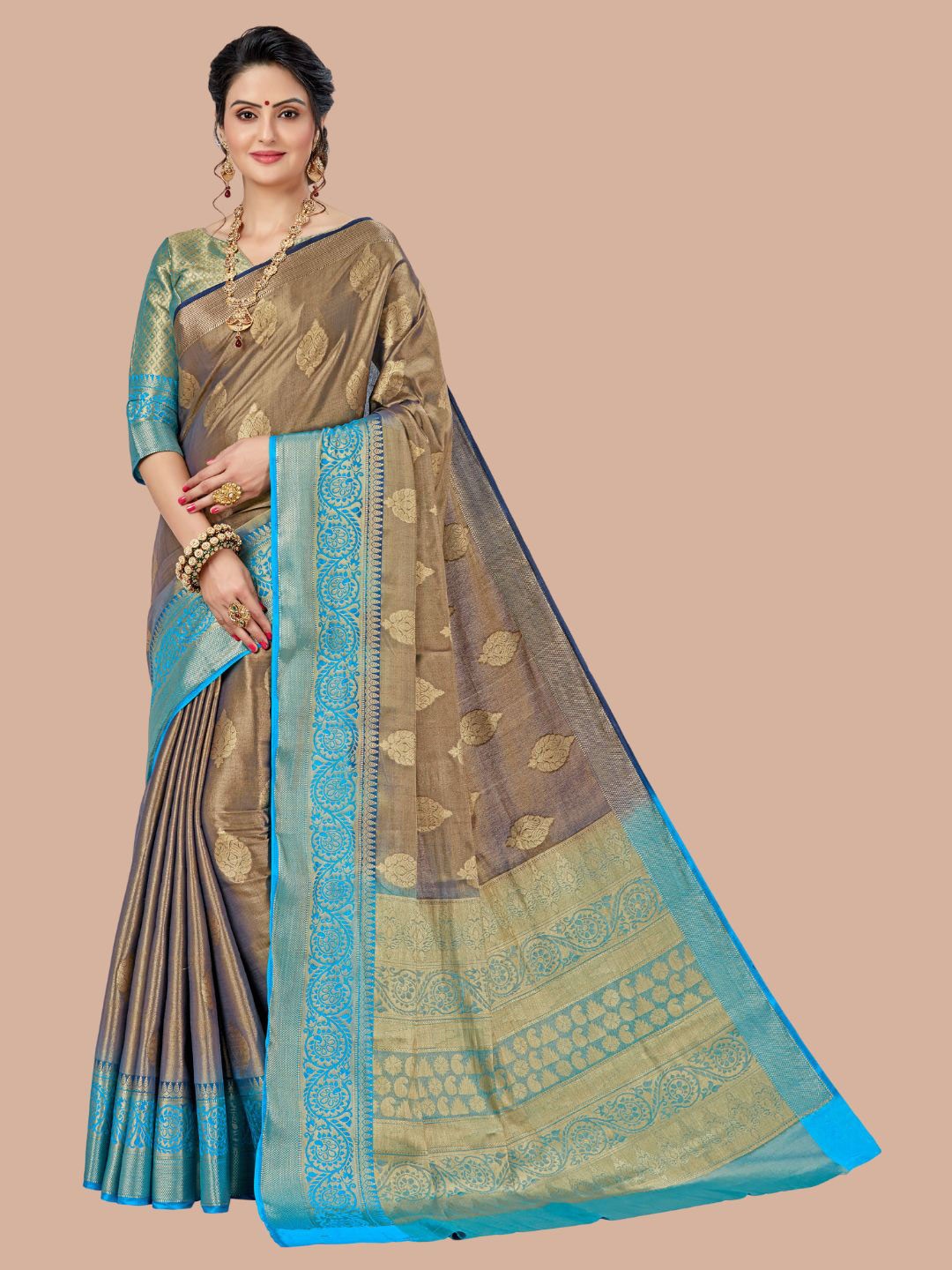 

MAGMINA Ethnic Motif Woven Design Zari Banarasi Saree, Beige