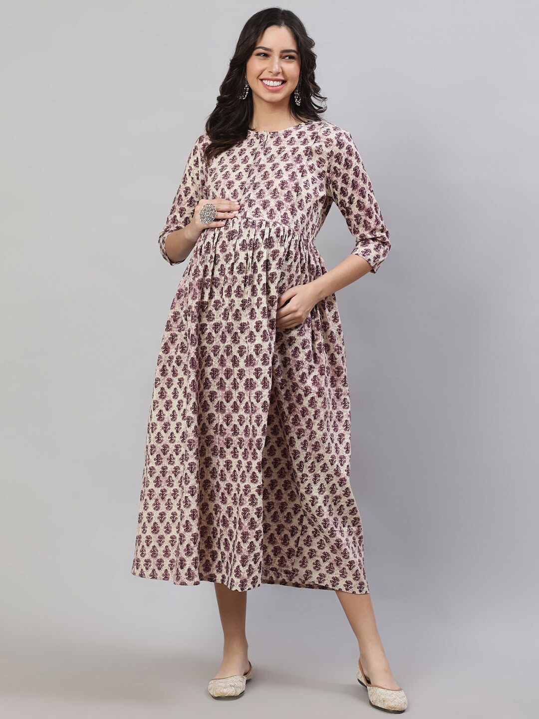 

Nayo Beige Floral Printed Gathered Cotton Maternity Fit & Flare Midi Ethnic Dress