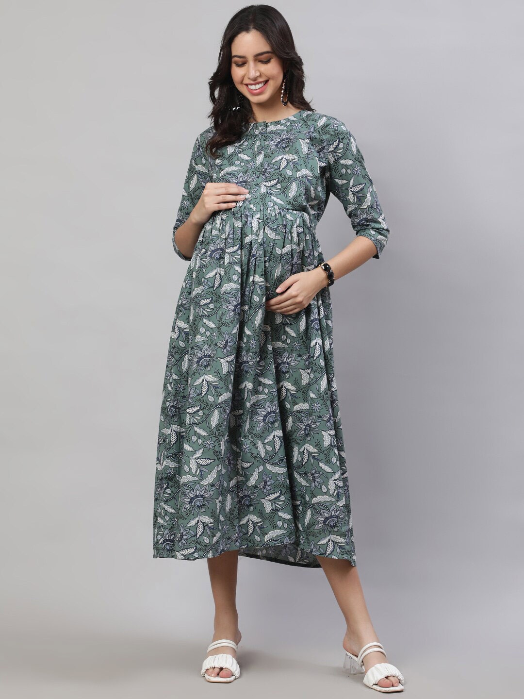 

Nayo Floral Printed Fit & Flare Pure Cotton Maternity Dress, Green