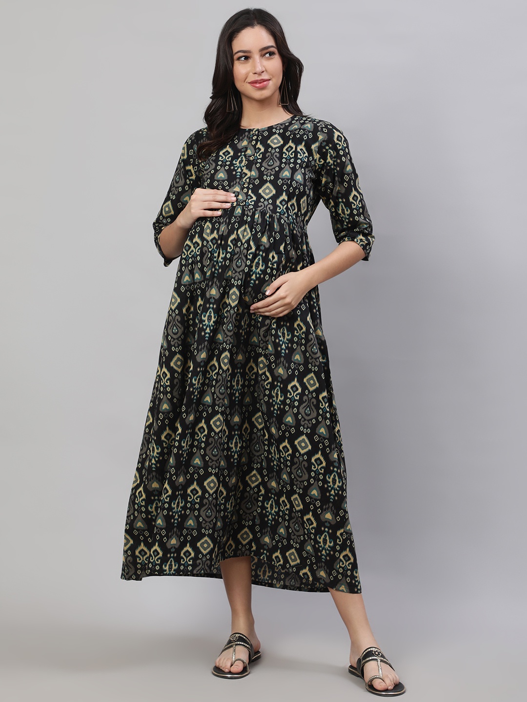 

Nayo Black Ethnic Motifs Printed Maternity Cotton A-line Midi Dress