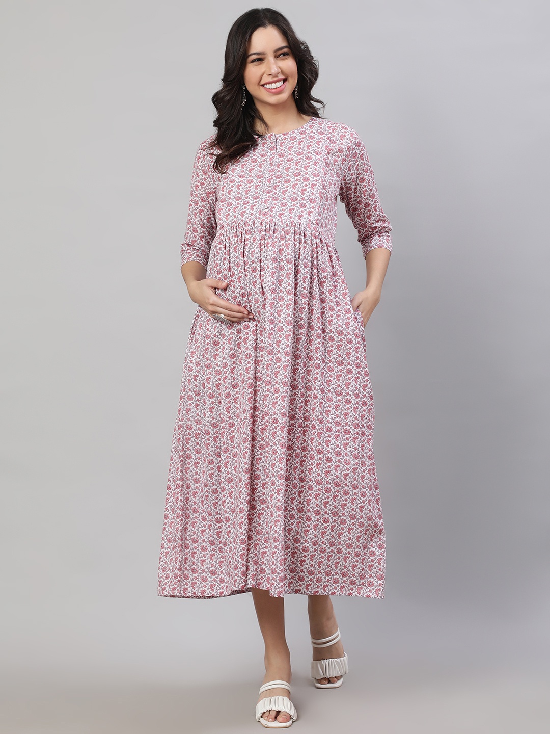 

Nayo Off White Floral Printed Maternity Cotton A-Line Midi Dress