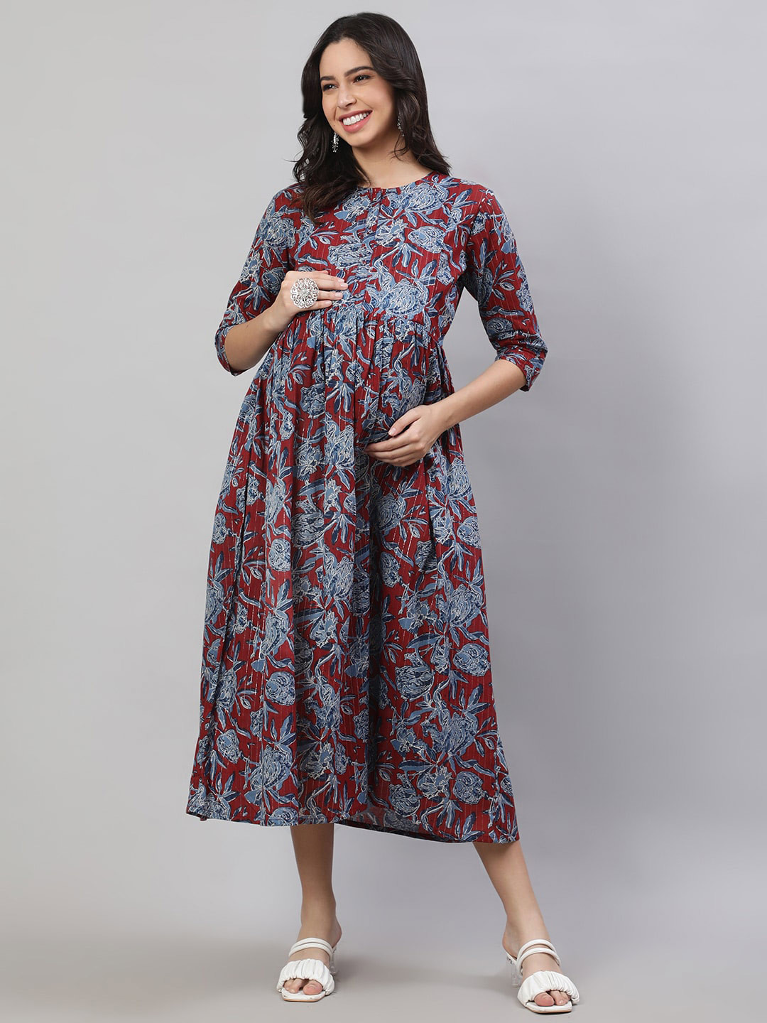 

Nayo Floral Printed Gathered Detailed Cotton Maternity Fit & Flare Midi Ethnic Dress, Maroon