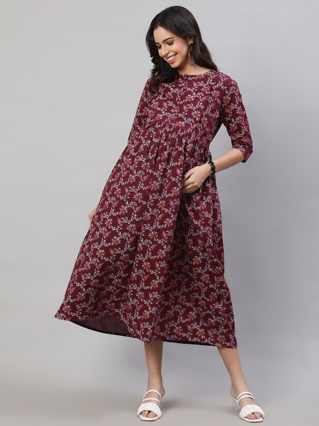 

Nayo Floral Printed Gathered Cotton Maternity Fit & Flare Dress, Burgundy