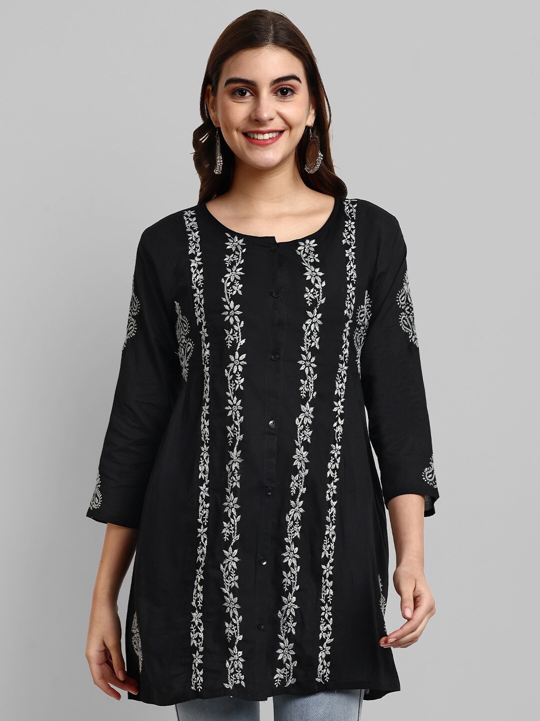 

ADA Ethnic Motifs Embroidered Chikankari Pure Cotton A-Line Kurti, Black