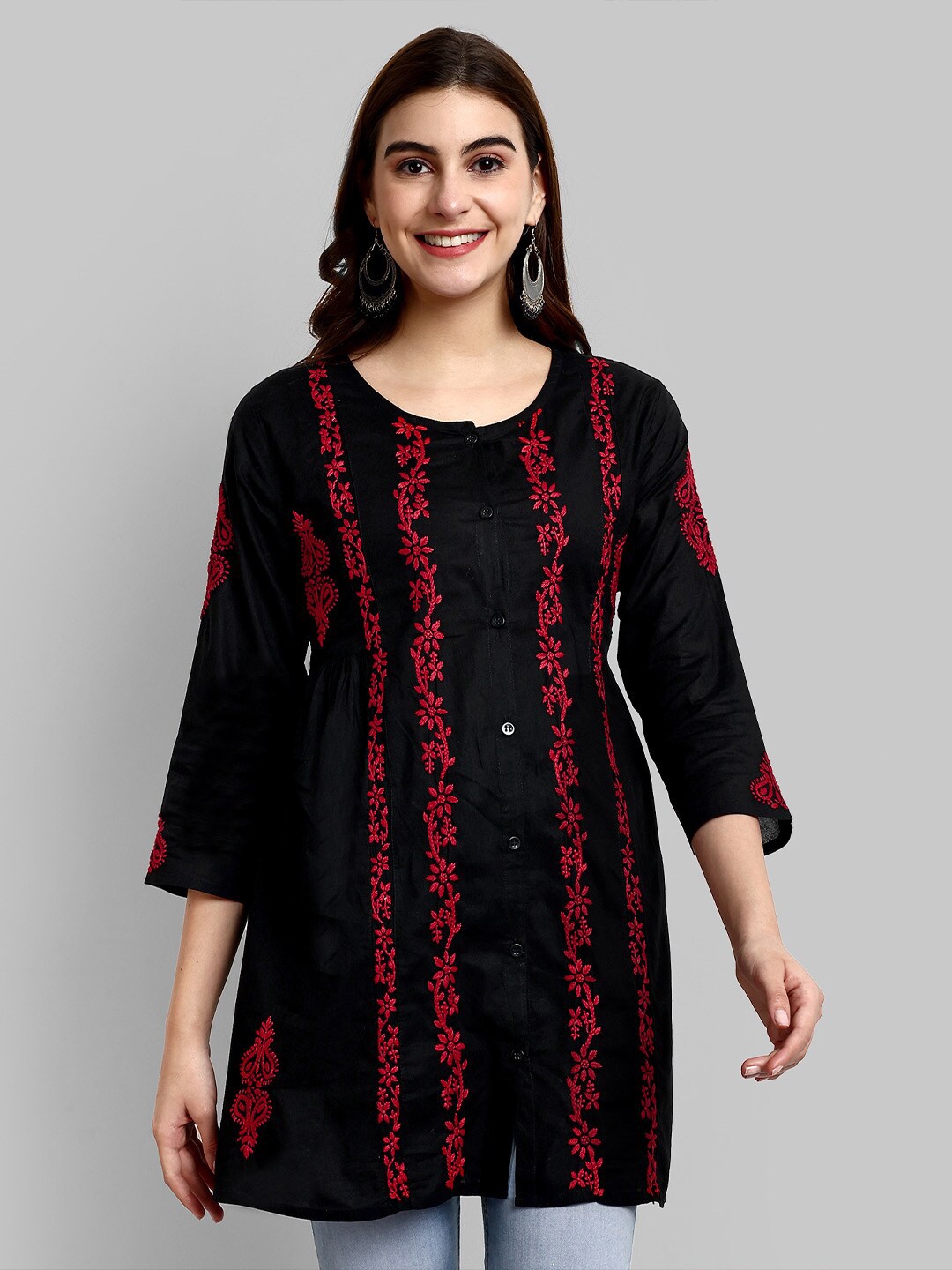 

ADA Ethnic Motifs Embroidered Chikankari Pure Cotton A-Line Kurti, Black