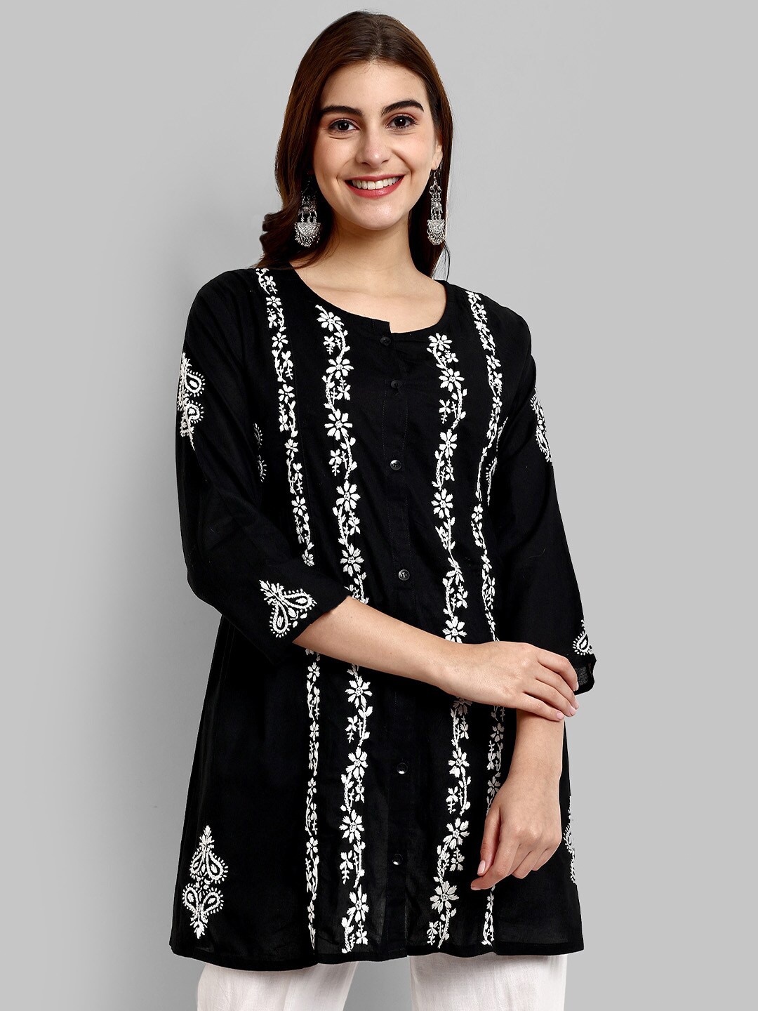 

ADA Ethnic Motifs Embroidered Chikankari Pure Cotton A-Line Kurti, Black