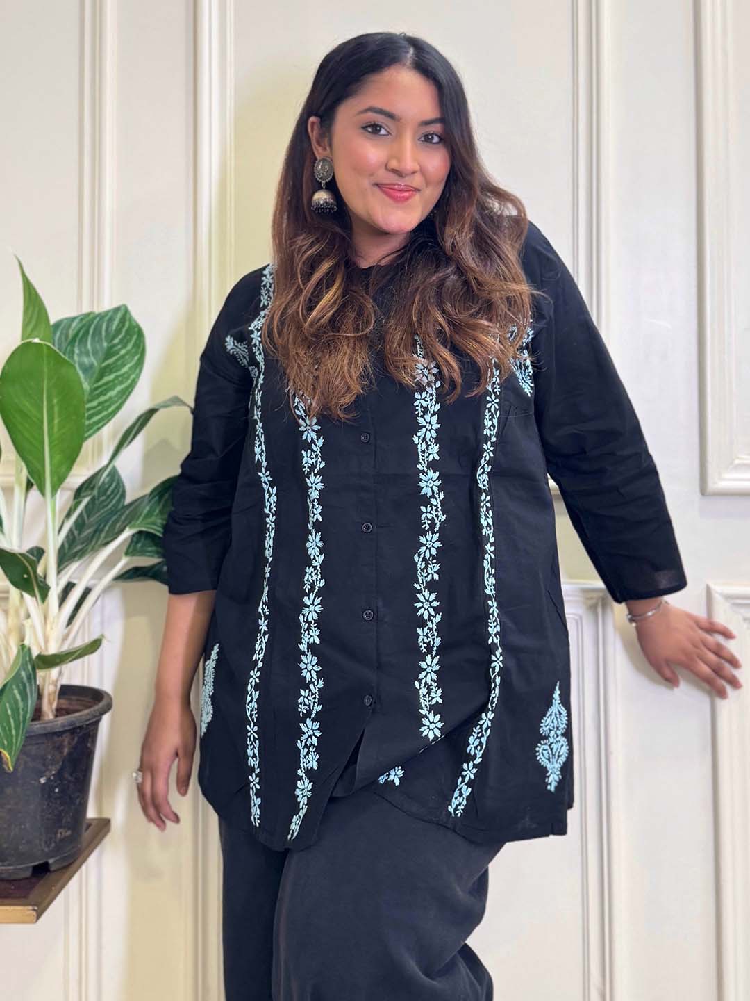 

ADA Ethnic Motifs Embroidered Chikankari Pure Cotton A-Line Kurti, Black