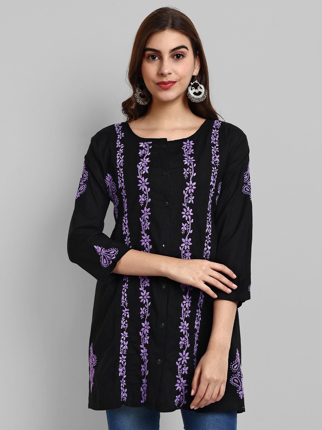 

ADA Ethnic Motifs Embroidered Chikankari Pure Cotton A-Line Kurti, Black