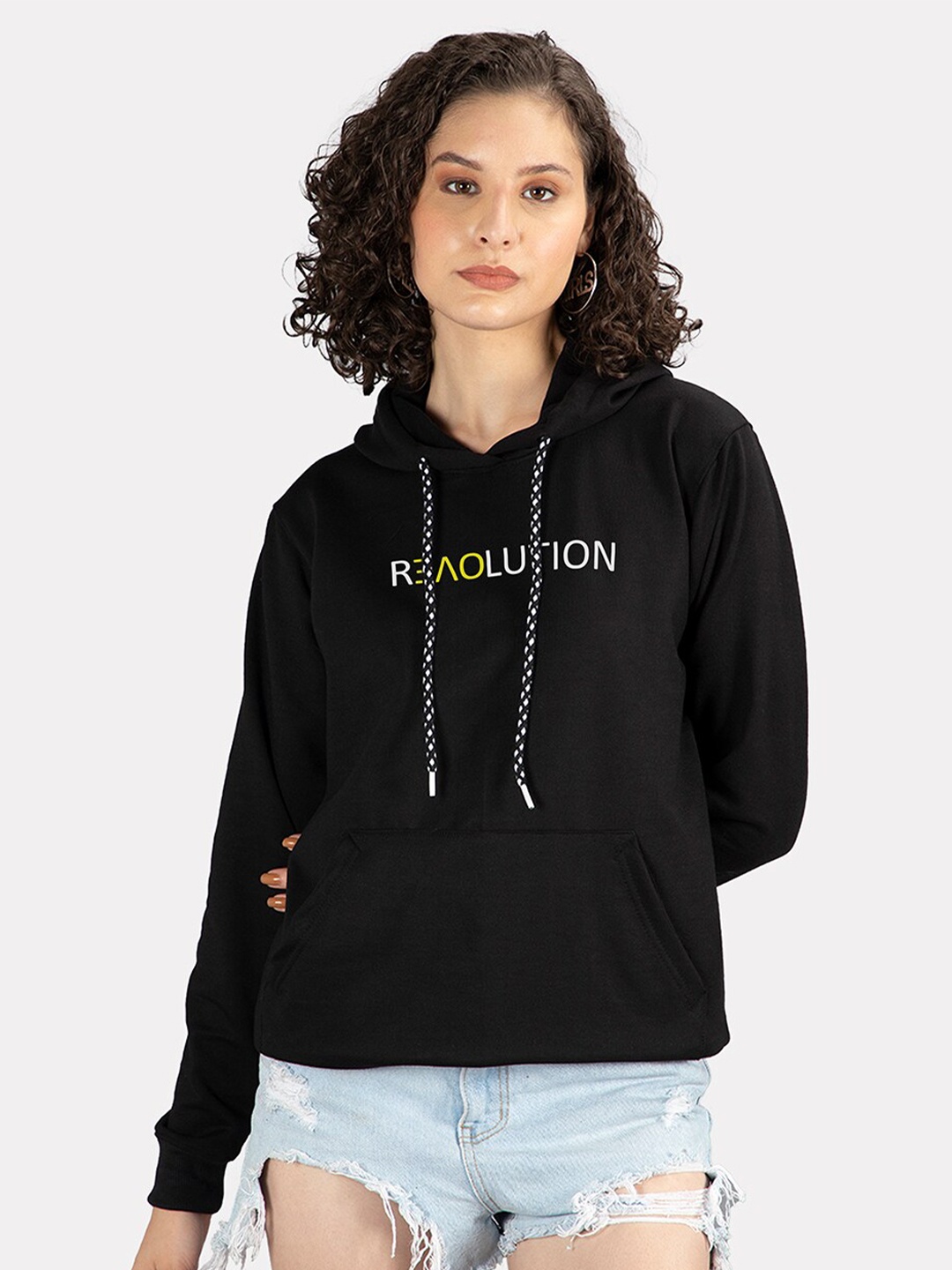 

Mad Over Print Typography Printed Hooded Fleece Pullover, Black