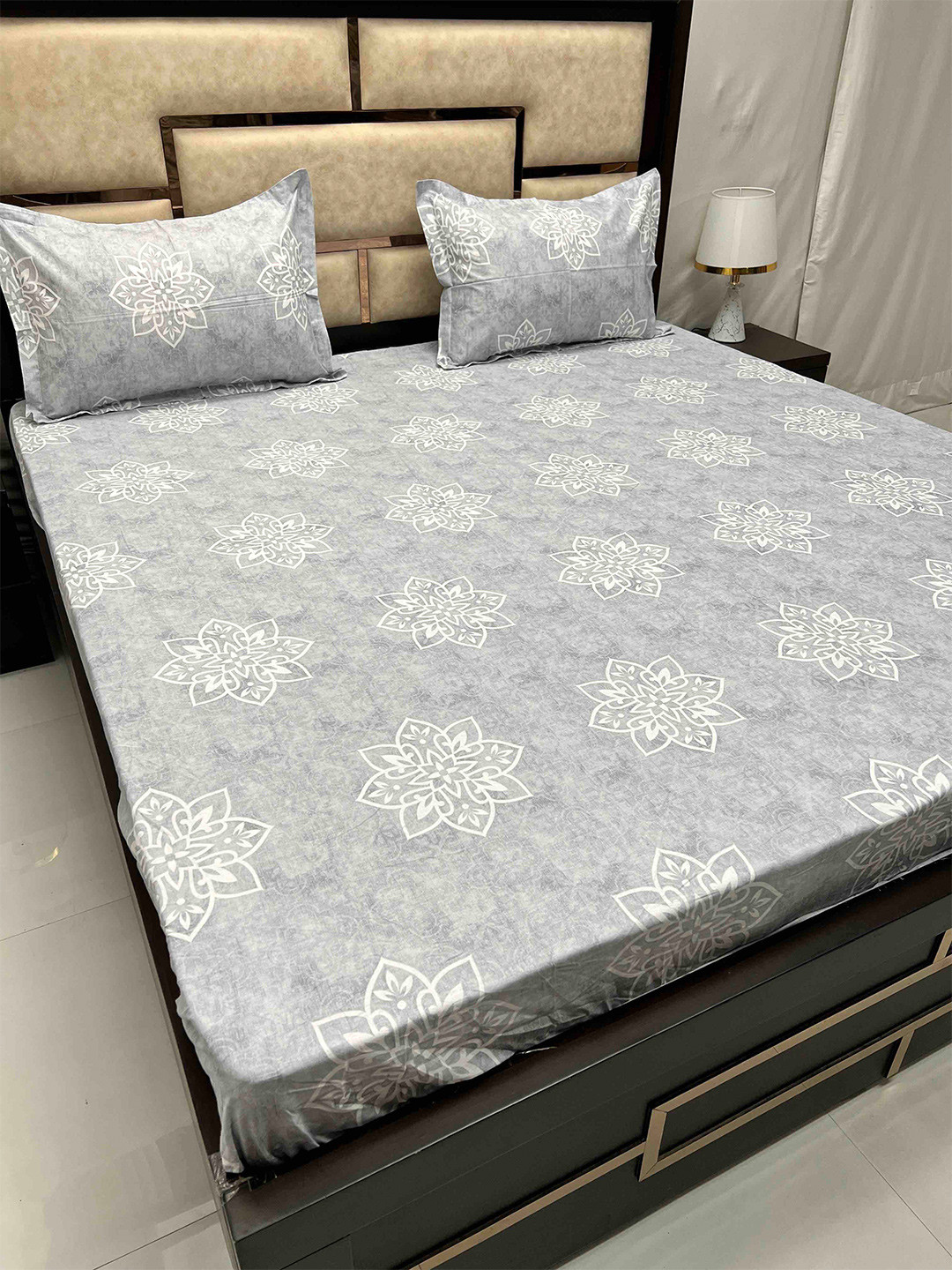 

Pure Decor Sapphire Grey Printed Cotton 300 TC Fitted King Bedsheet with 2 Pillow Covers