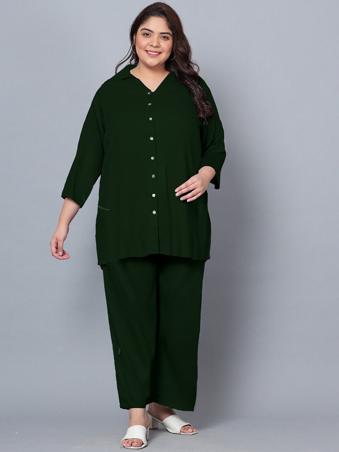 

Indietoga Plus Size Shirt Collar Longline Shirt With Palazzos, Green