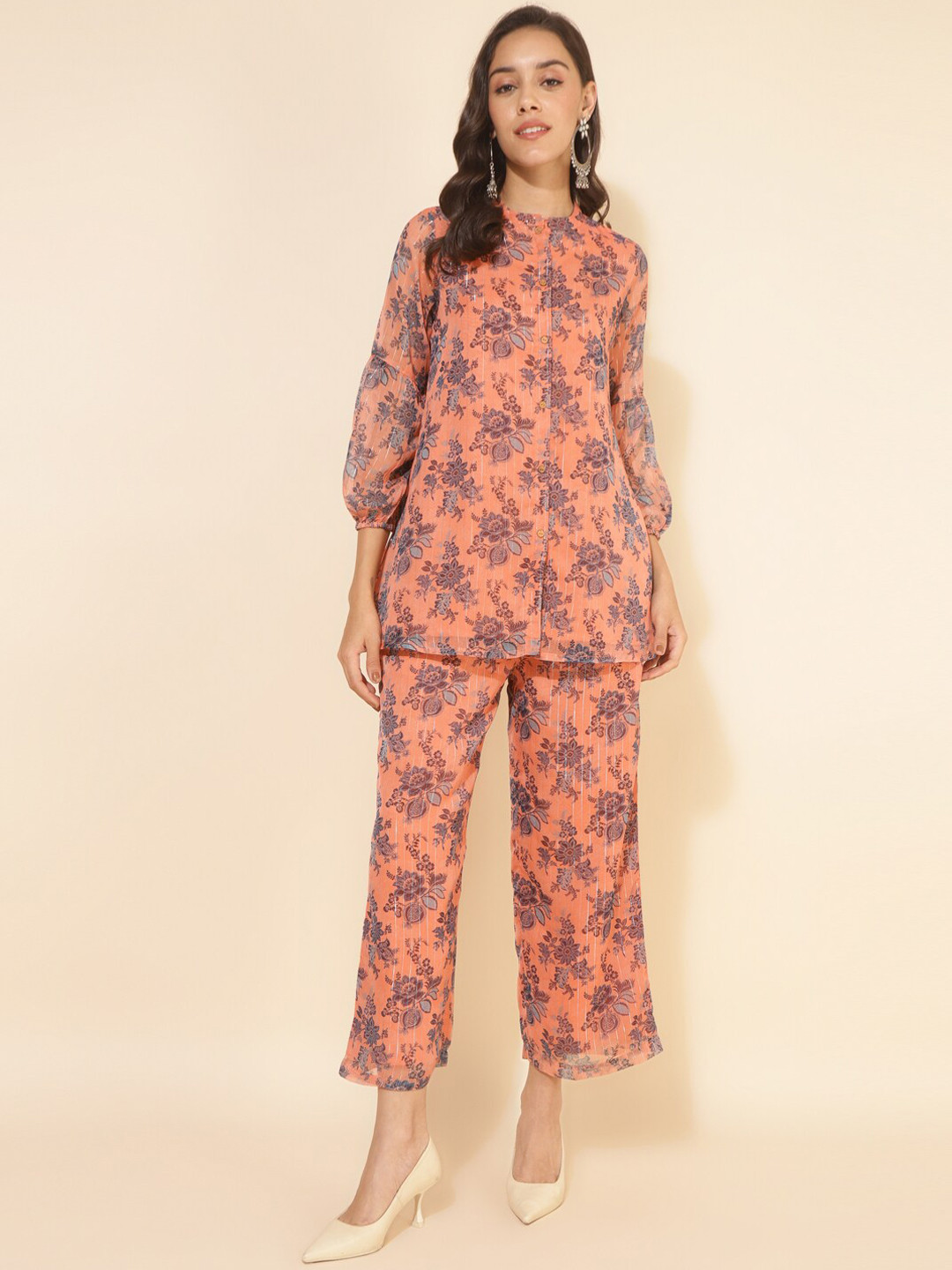 

Janasya Floral Printed Shirt With Palazzos, Orange