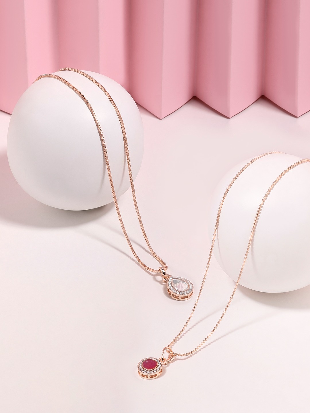 

Zaveri Pearls Set Of 2 Rose Gold-Plated Artificial Stones Pendant With Chain