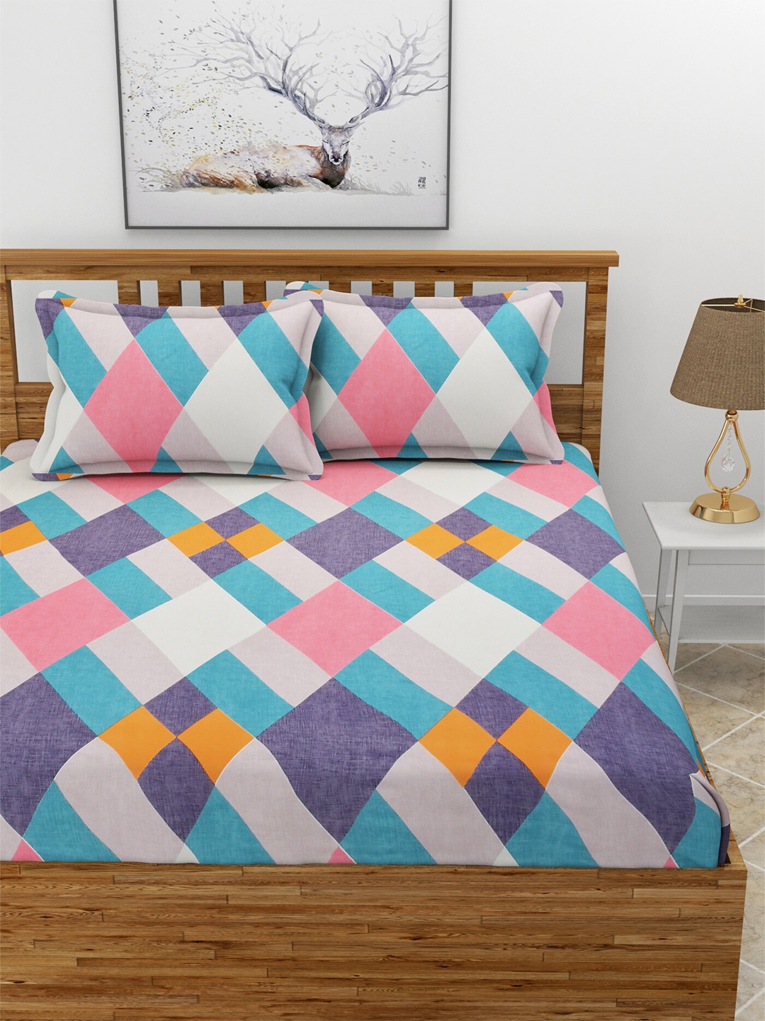 

BREVARD Blue & Pink Printed 210 TC Queen Bedsheet With 2 Pillow Covers