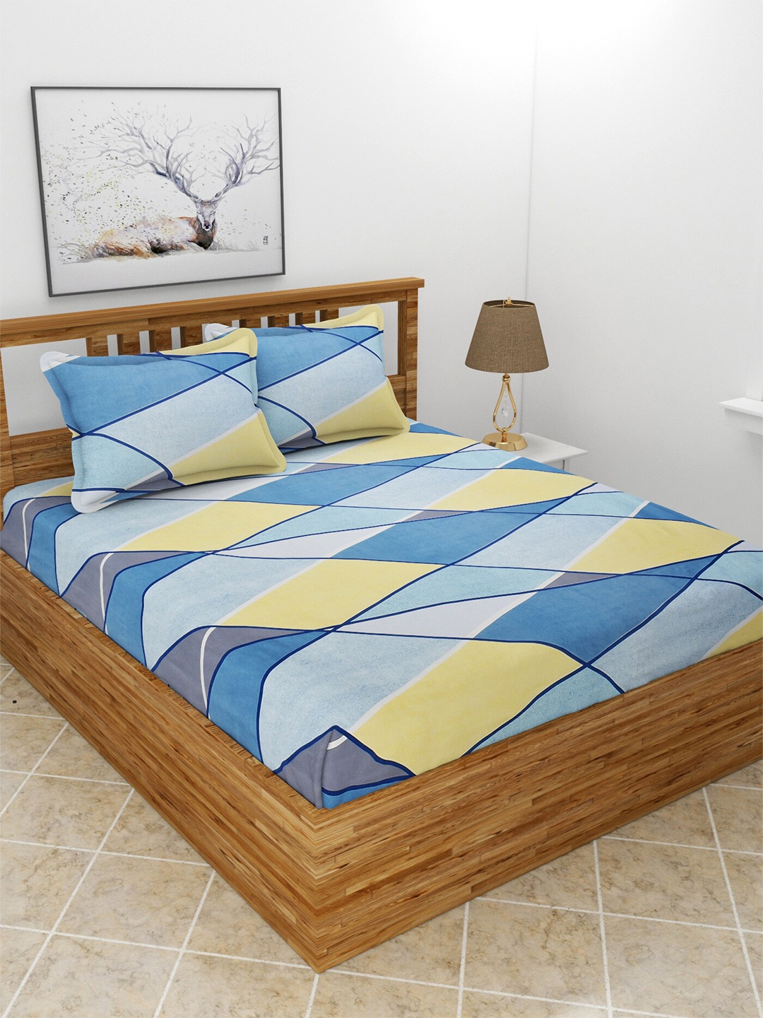

BREVARD Blue & Yellow Geometric 180 TC King Bedsheet with 2 Pillow Covers