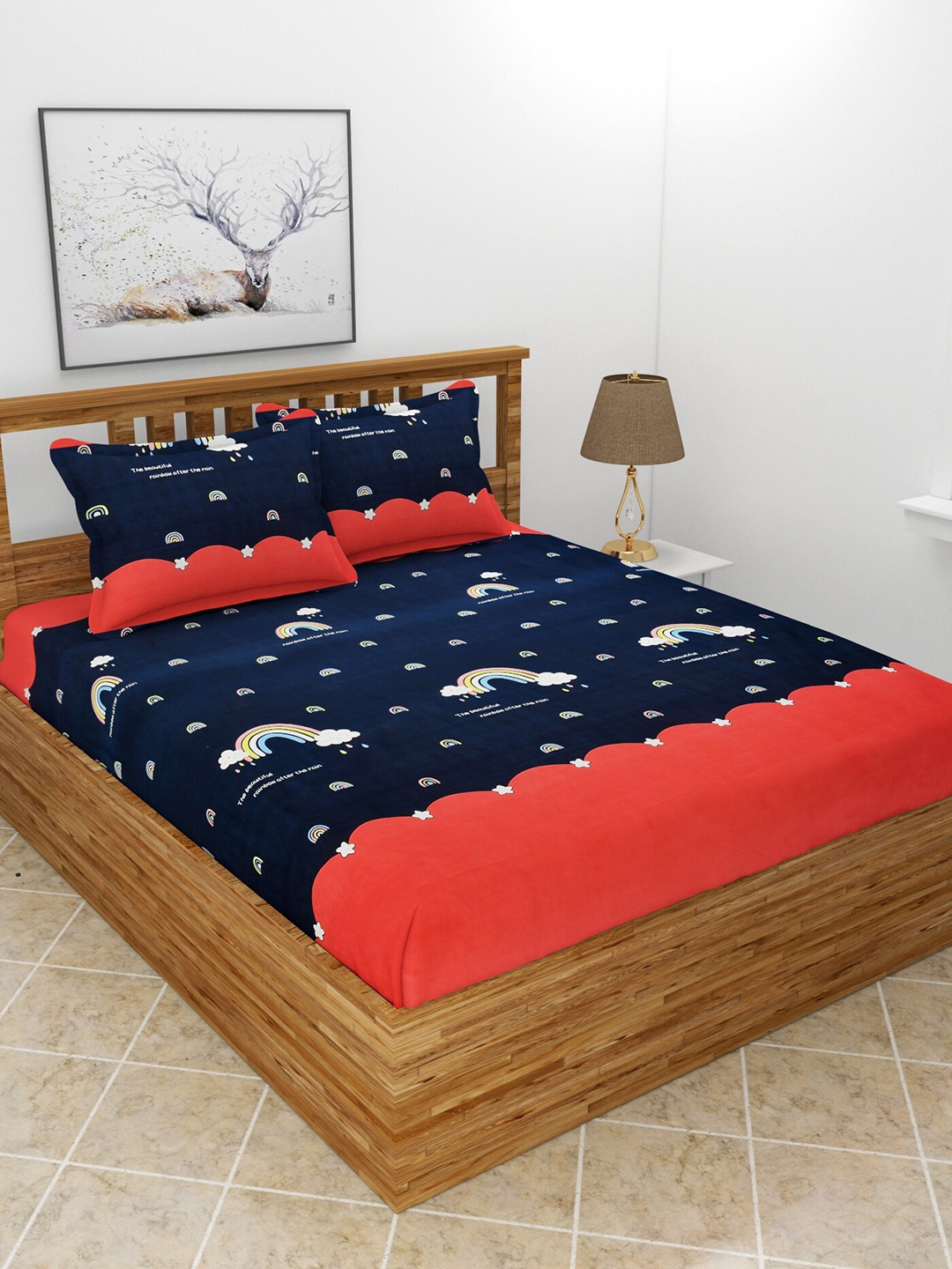 

BREVARD Blue & Red Graphic Printed 210 TC Queen Bedsheet With 2 Pillow Covers