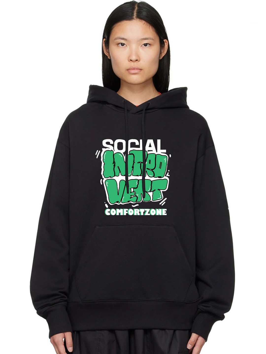 

MISCHIEF MONKEY Typography Print Hooded Long Sleeves Fleece Oversized Pullover Sweatshirt, Black