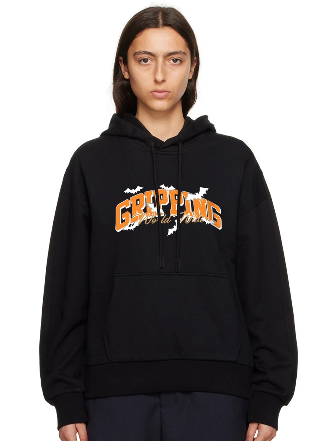 

MISCHIEF MONKEY Typography Print Hooded Long Sleeves Fleece Oversized Pullover Sweatshirt, Black