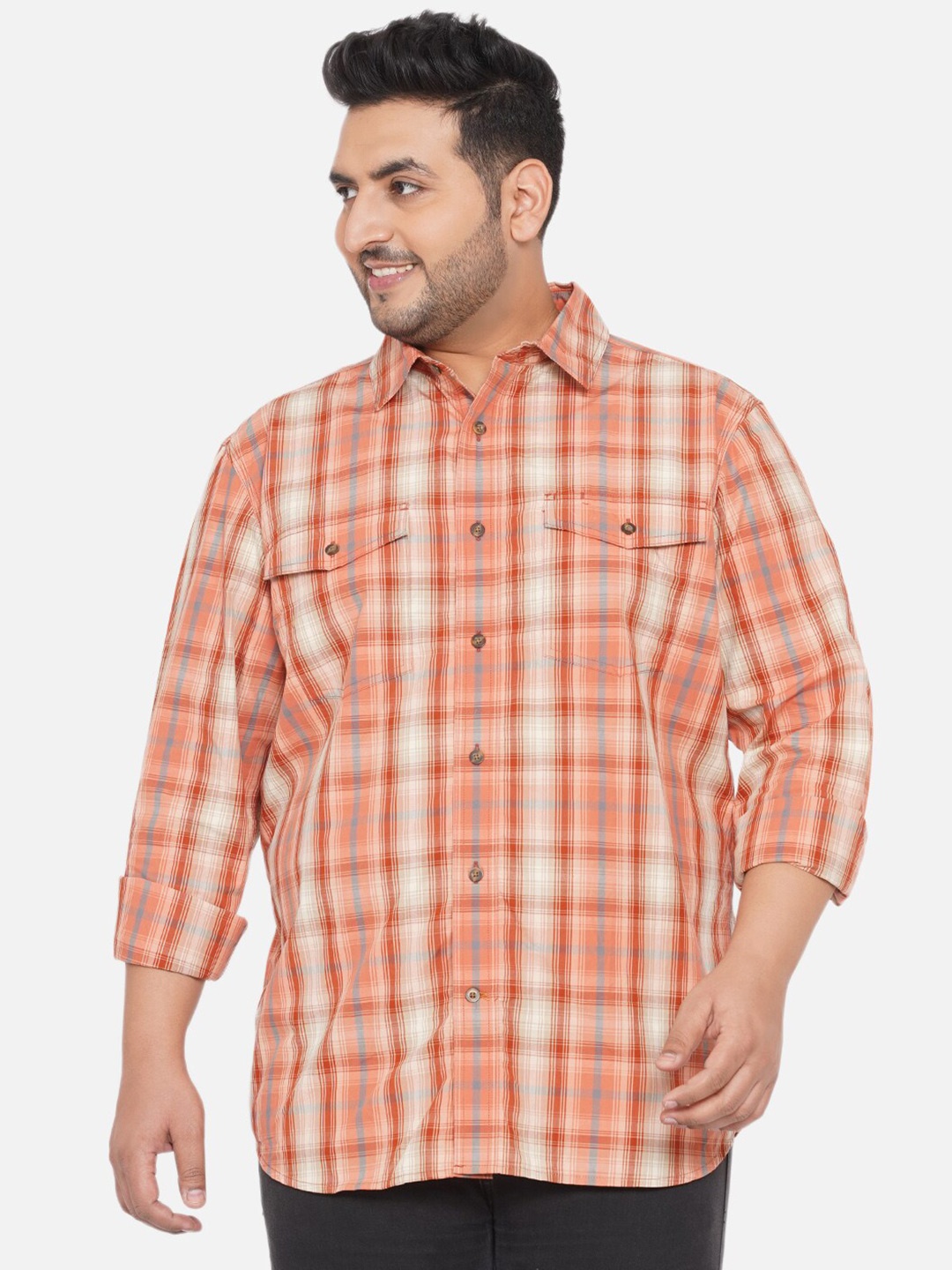 

Santonio Plus Size Classic Checked Pure Cotton Casual Shirt, Orange