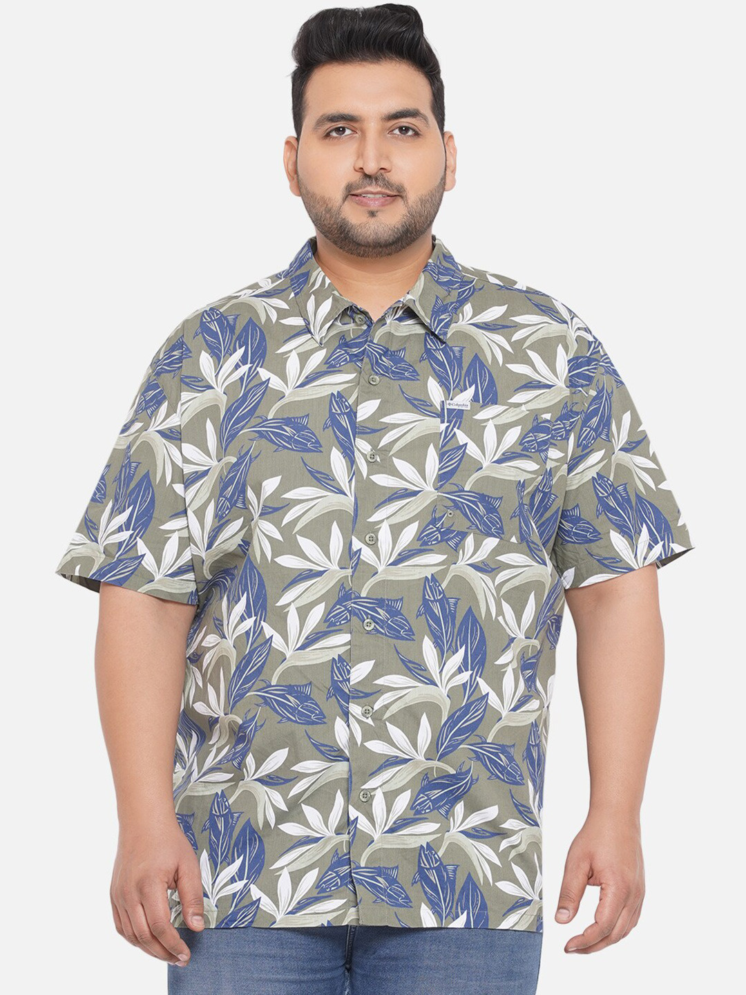 

Santonio Plus Size Classic Floral Printed Pure Cotton Shirt, Olive