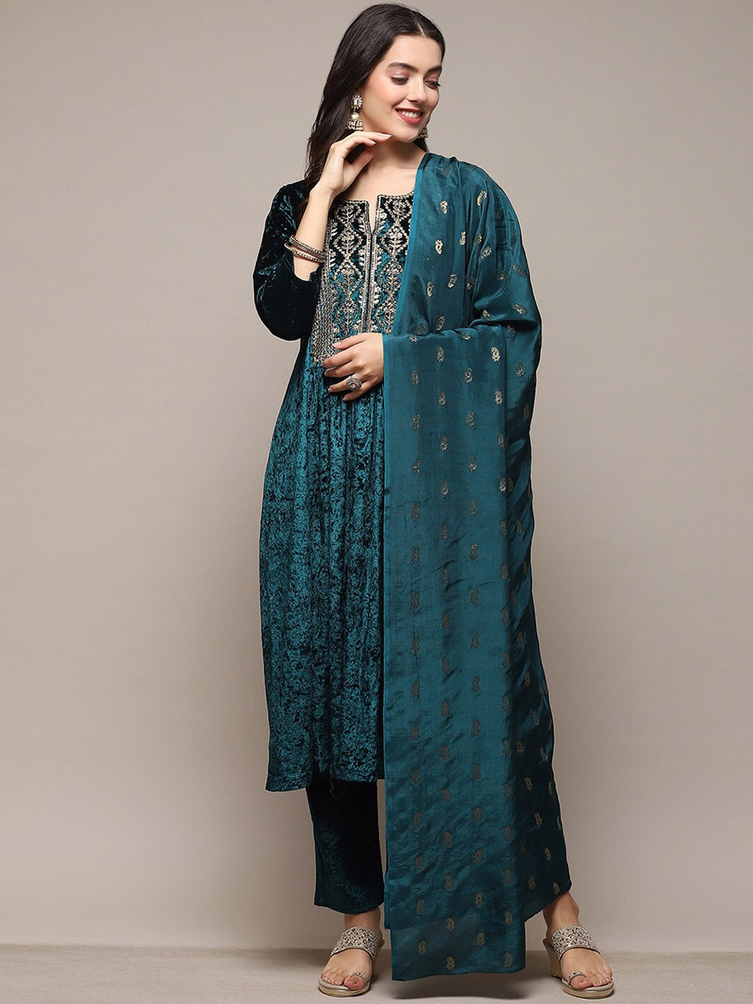 

Biba Ethnic Motifs Yoke Design Thread Work Velvet A-Line Kurta with Trouser & Dupatta, Teal