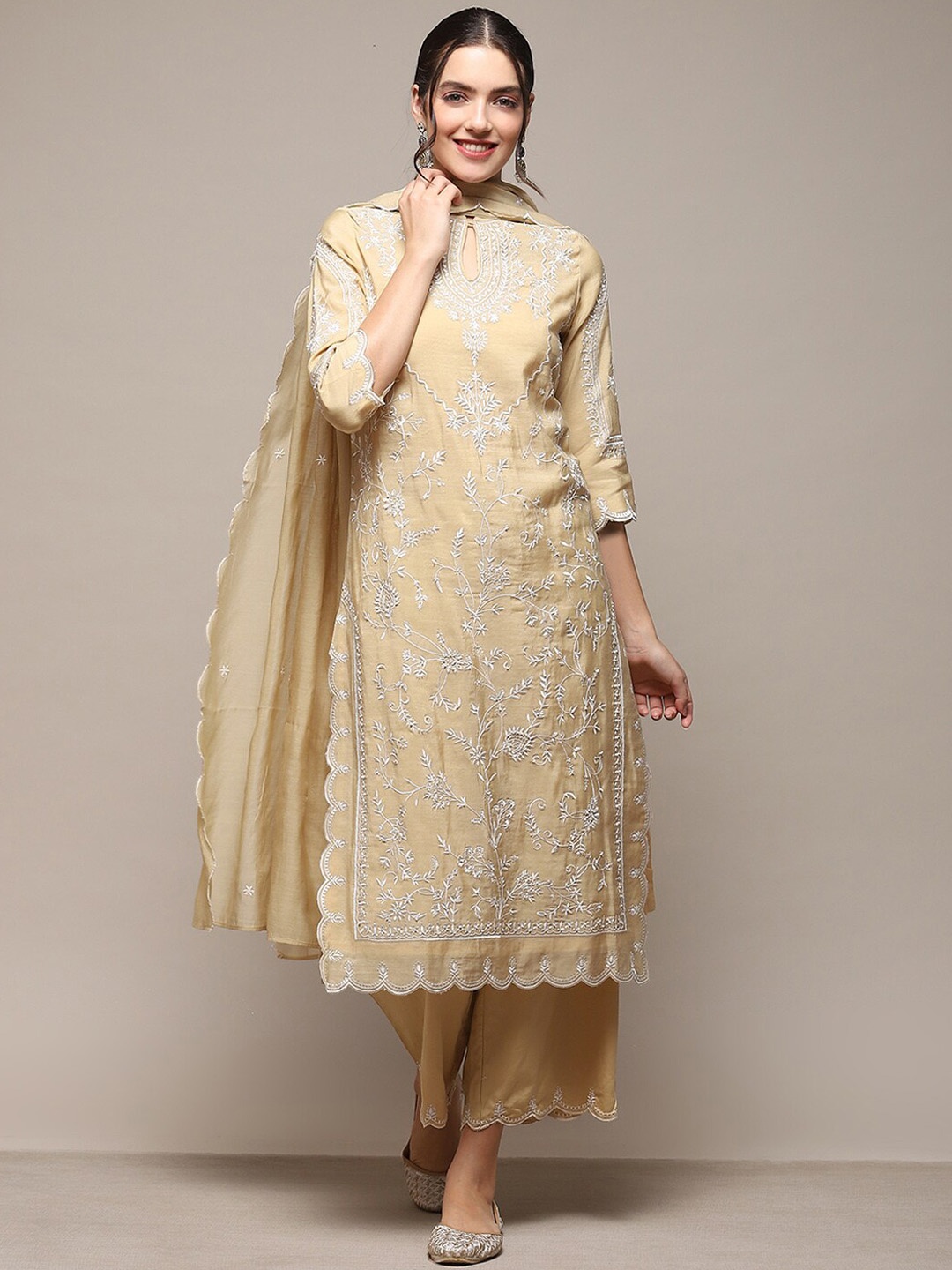

Biba Floral Embroidered Regular Thread Work Kurta With Palazzos & Dupatta, Beige