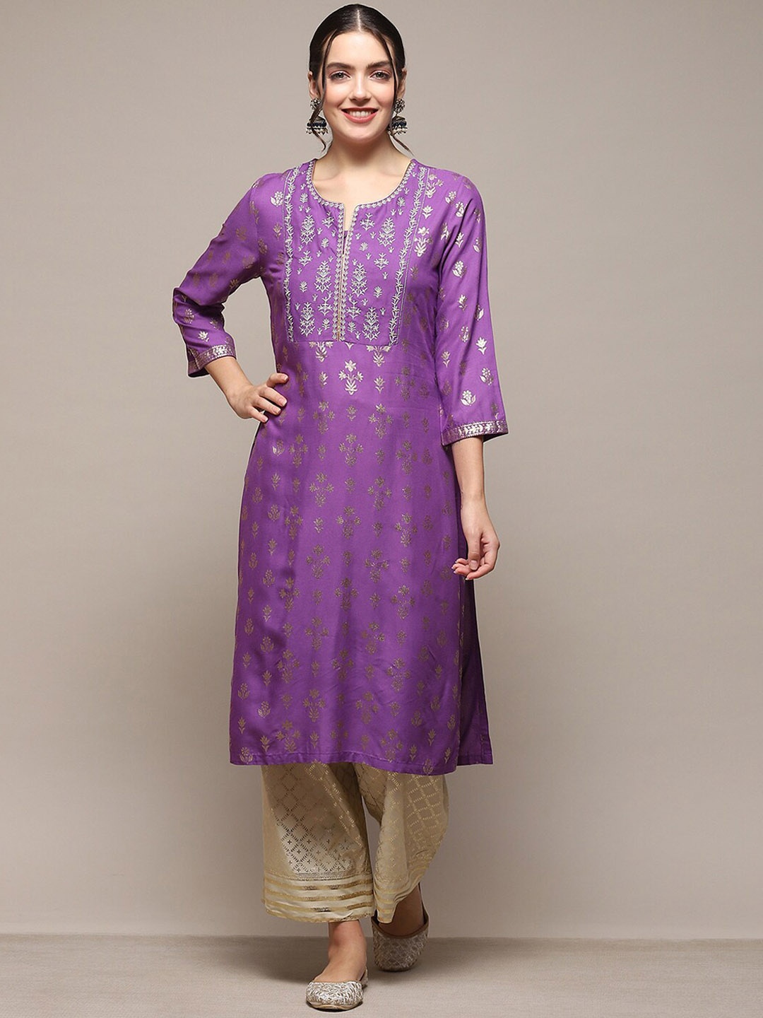 

Biba Ethnic Motifs Printed Thread Work Straight Kurta with Palazzos, Purple