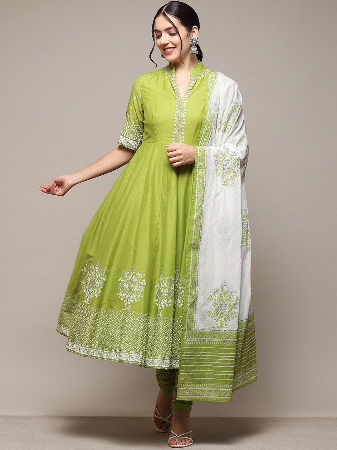 

Biba Ethnic Motifs Embroidered Anarkali Chanderi Cotton Kurta with Churidar & Dupatta, Green