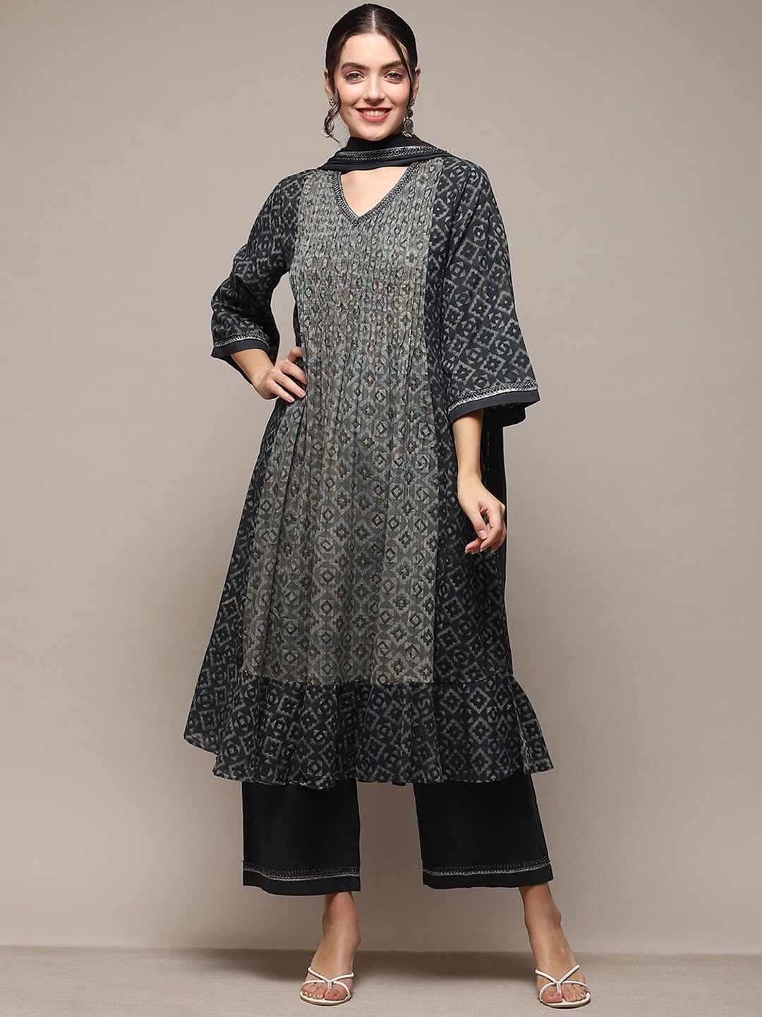 

Biba Ethnic Motif Printed Pleated Beads and Stones Kurta With Palazzos & Dupatta, Charcoal