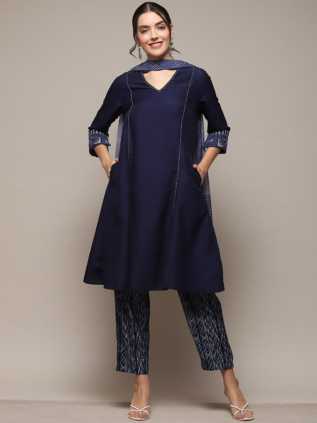 

Biba V-Neck A-Line Kurta with Trouser & Dupatta, Blue